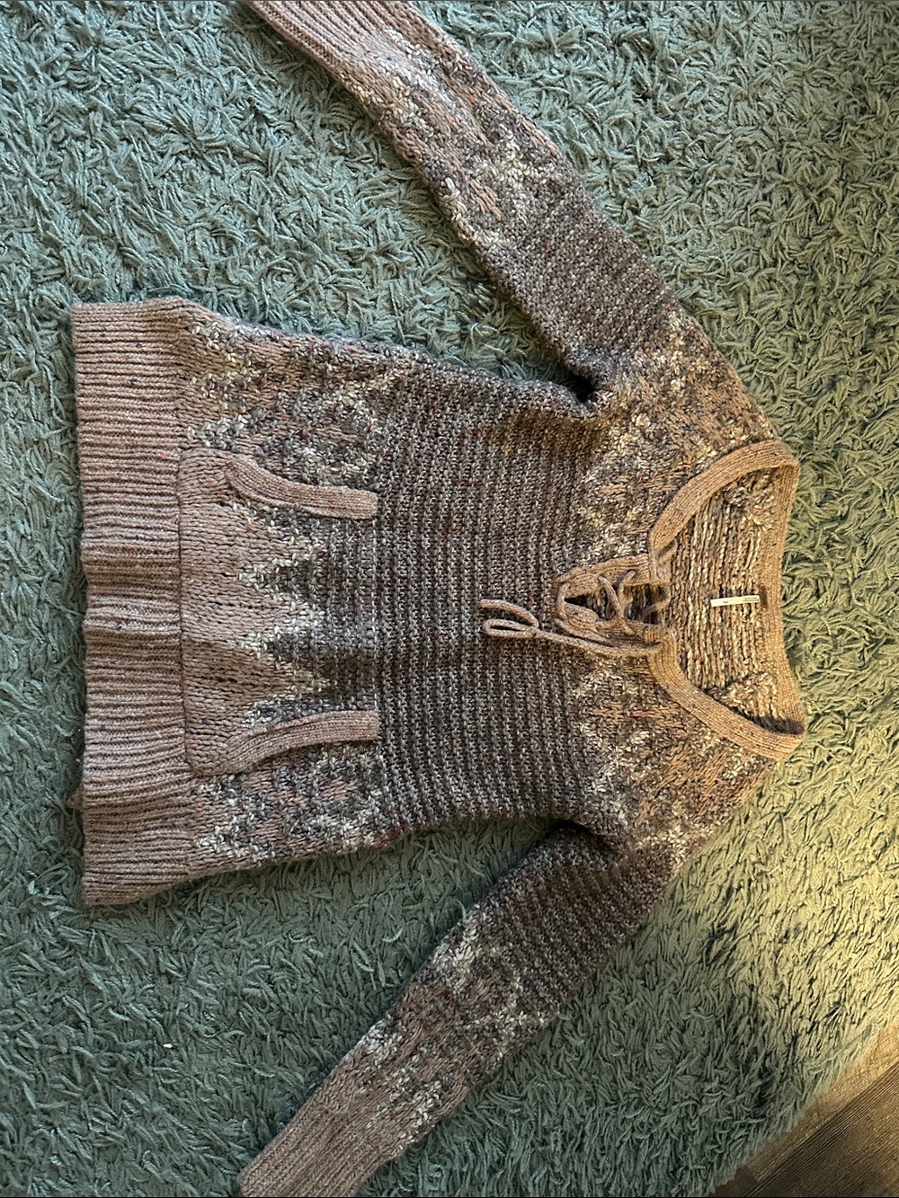 Lace-Up Cable Knit Sweater Front pocket. Super cozy- Brown Multi